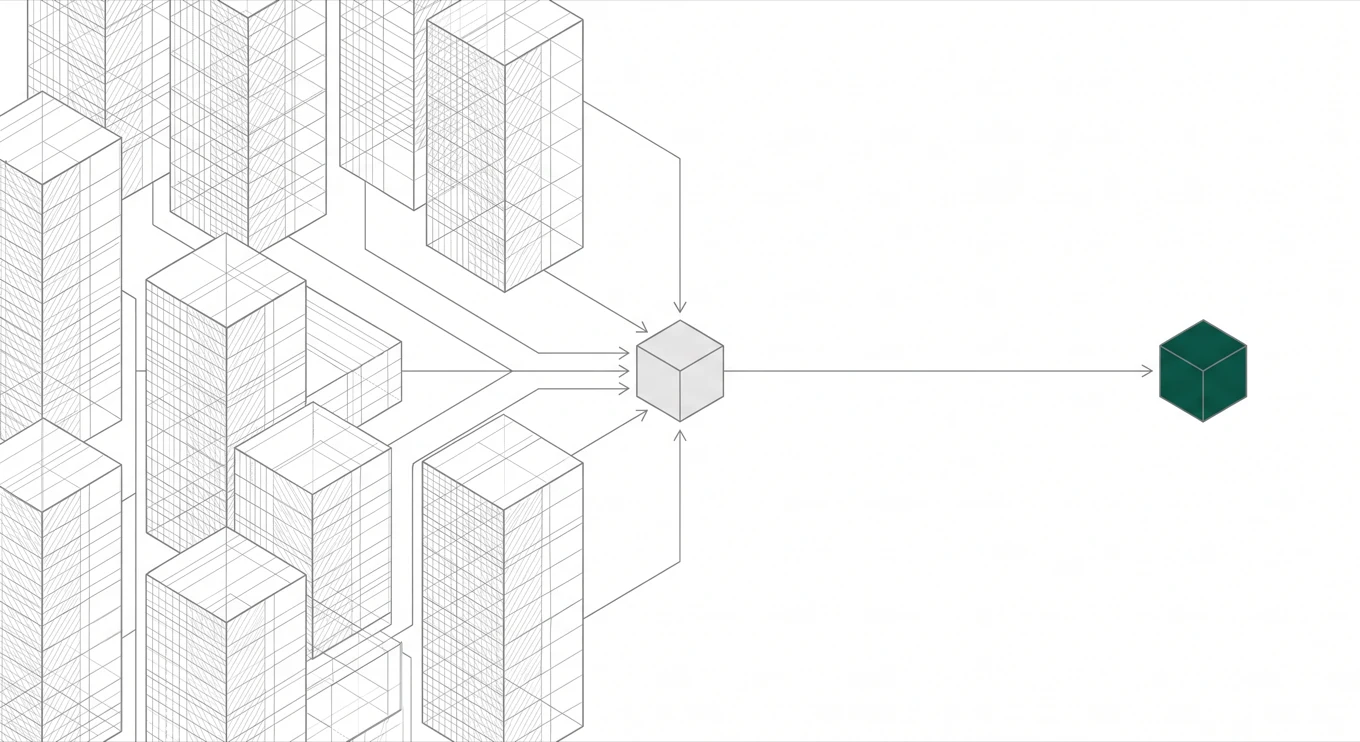 Diagrama isométrico: à esquerda, uma multidão de blocos de arame hachurados que transbordam do quadro e convergem por setas para um cubo cinza pequeno no centro; à direita, um vazio largo e um único bloco verde sólido, isolado.