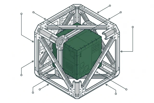 Diagrama isométrico: um módulo verde sólido cercado por uma estrutura de vigas e braçadeiras, com linhas de chamada saindo para fora — a fronteira que segura o núcleo.